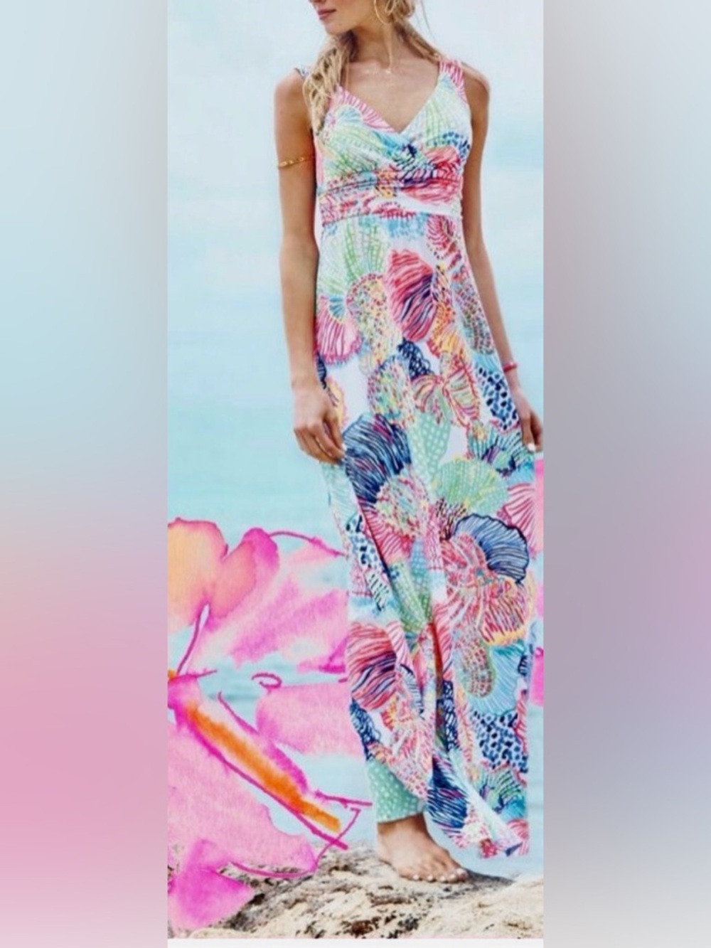 Lilly Pulitzer Sloane Maxi Dress Pink Multicolor Roar of the Seas Size M Cotton